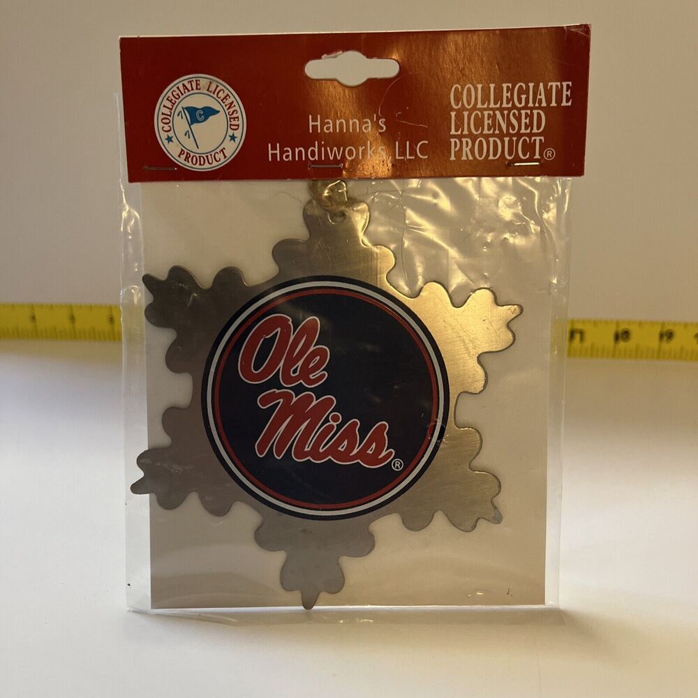 Ole Miss Rebels Glass CHRISTMAS ORNAMENT Silver Metal Snowflake